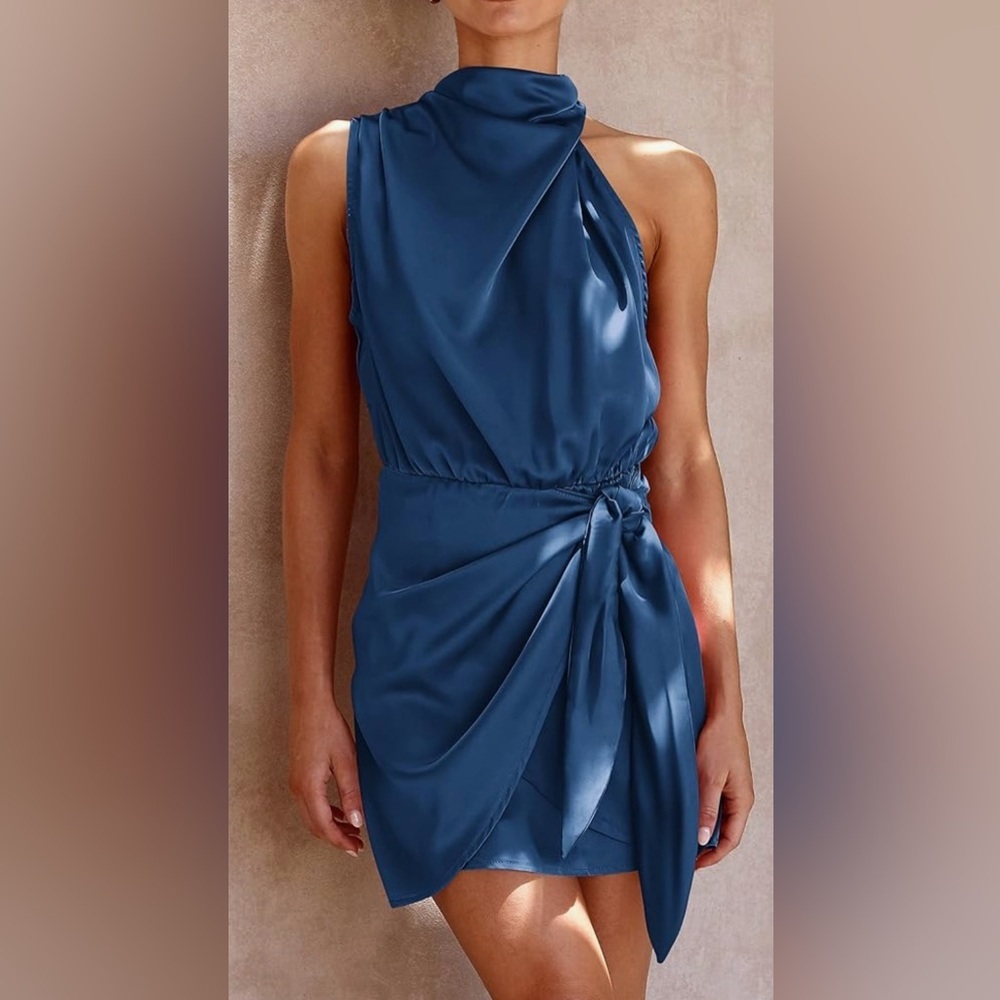 PRETTYGARDEN Womens Mock Neck Tie Waist Cocktail Party Dress